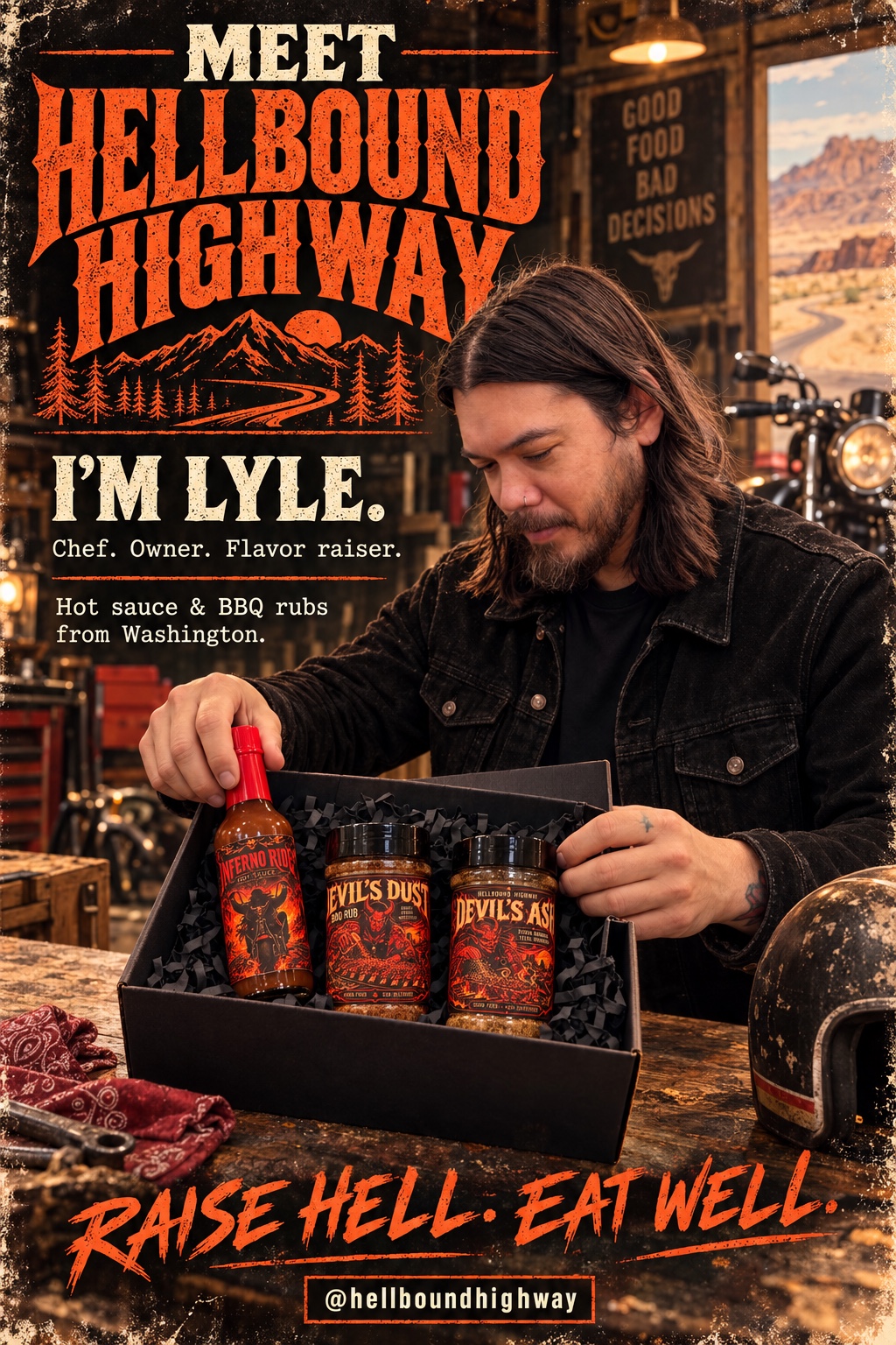 Meet Hellbound Highway: Lyle, chef and owner, assembling a gift box of hot sauce and seasonings